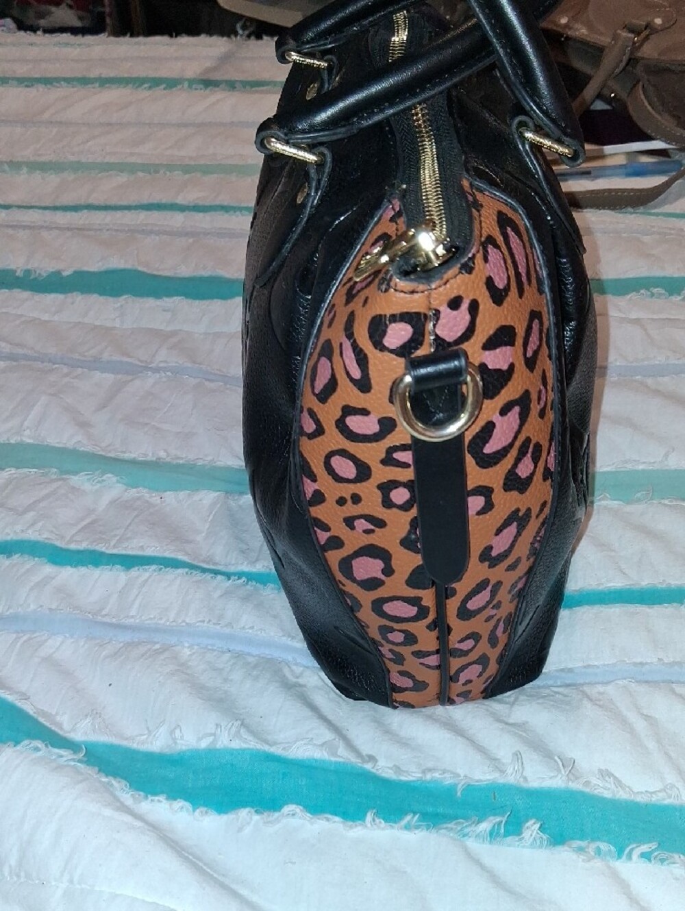 Black Embossed Monogram Purse with Leopard Side Panels, **No Bundle, Firm Price* - Picture 3 of 16